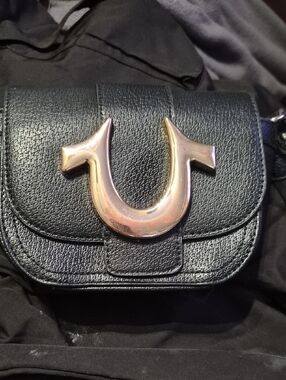 True Religion Black Leather Crossbody with Silver Horseshoe Accent